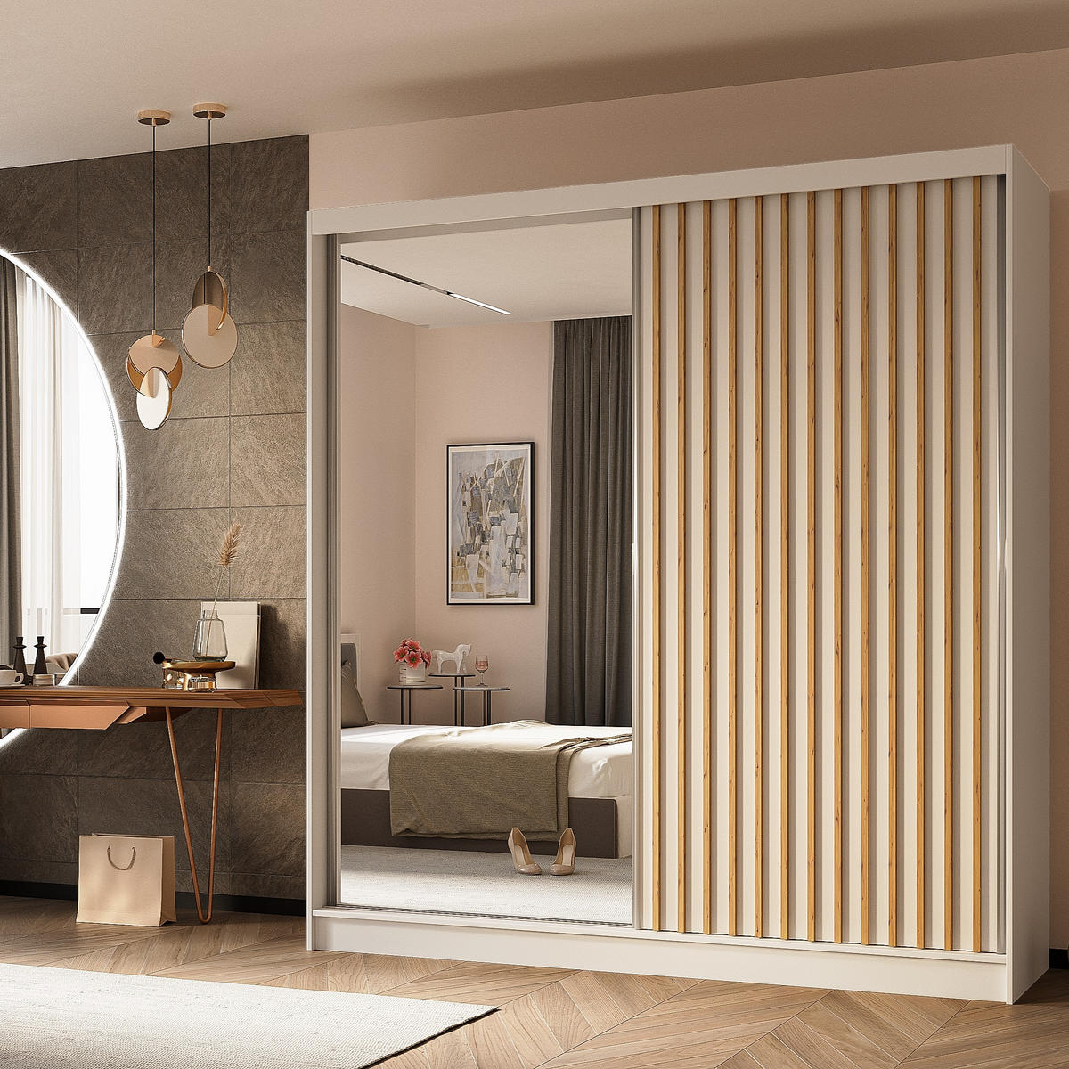 SCHWEBETÜRENSCHRANK LAMELLO 200/216/61 cm 2-türig mit Spiegel Weiß - Weiß, Holzwerkstoff (200/216/61cm) - MASSENO