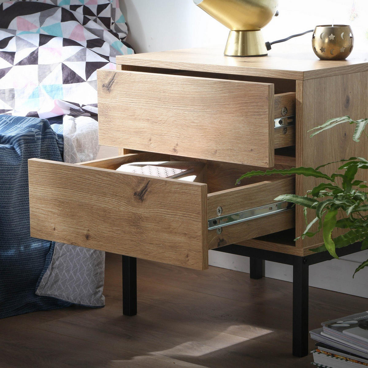 NACHTTISCH mit 2 Schubladen Holzdekor 45/40/50 cm - Eichefarben, Holzwerkstoff (40/50/45cm) - Calicosy