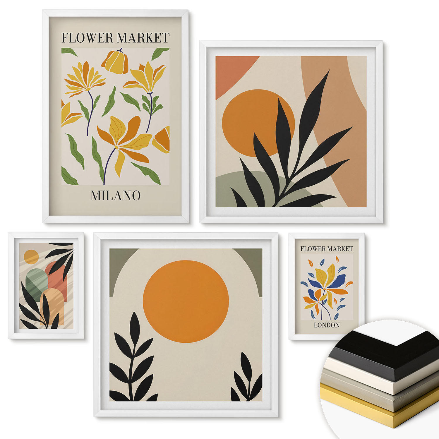 WANDBILDER 5er-Set - 50x50 cm & 20x30 cm & 40x60 cm Weißer Rahmen - Abstrakte geometrische Formen - Weiß, Kunststoff (40/60cm) - ArtPrintCave