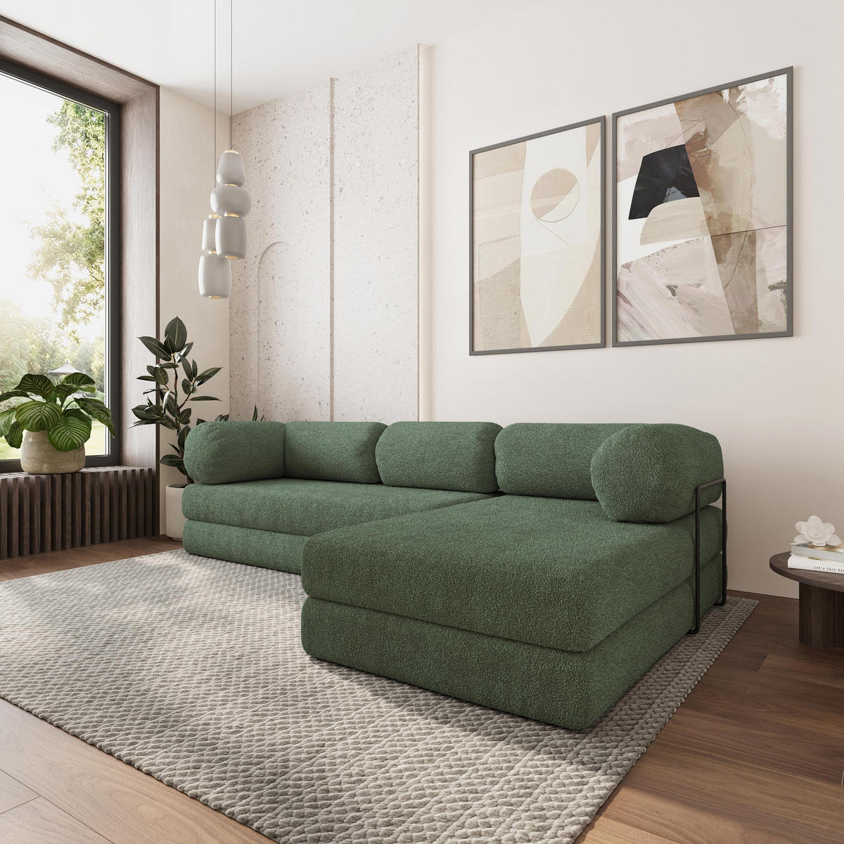 ROHOVÁ SEDAČKA KELI modulární Boneless pohovka s funkcí spaní, zelená barva QUELLE 37 - zelená barva, textil (270/160cm) - MASSENO