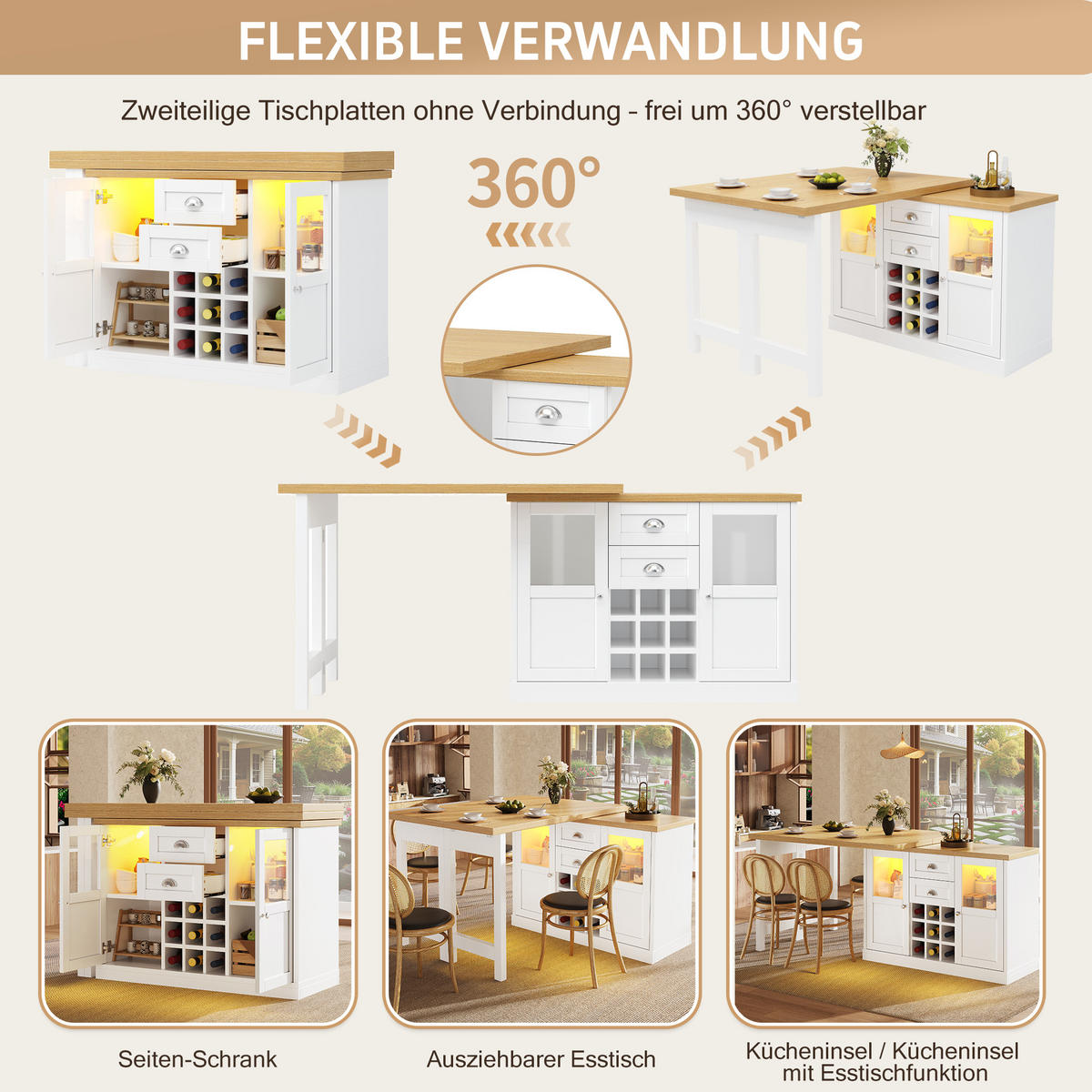 ESSTISCH Ausziehbar 120–197cm 360° LED Stauraum Weinregal - Weiß, Holzwerkstoff (40/120/72cm) - FLIEKS