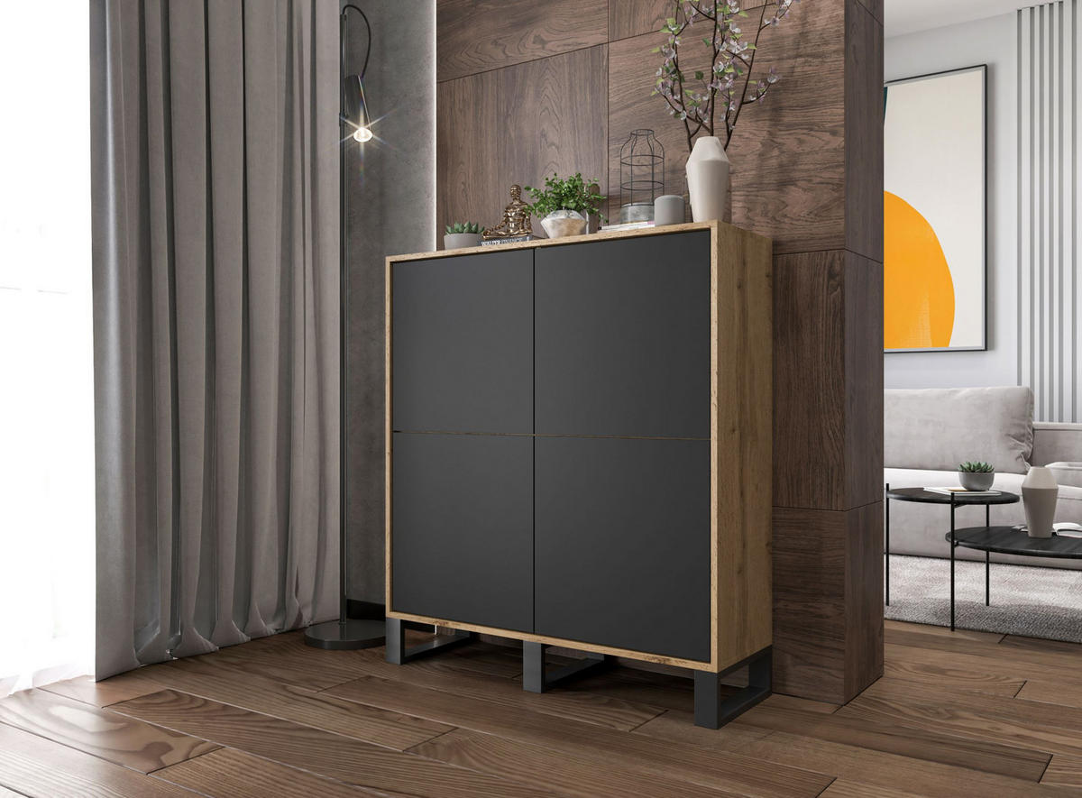 KOMMODE Apollo 4D Eiche wotan Schwarz Matt mit metallbeinen 113 cm - Schwarz, Holzwerkstoff/Metall (113/127/35cm) - Meble Lindner