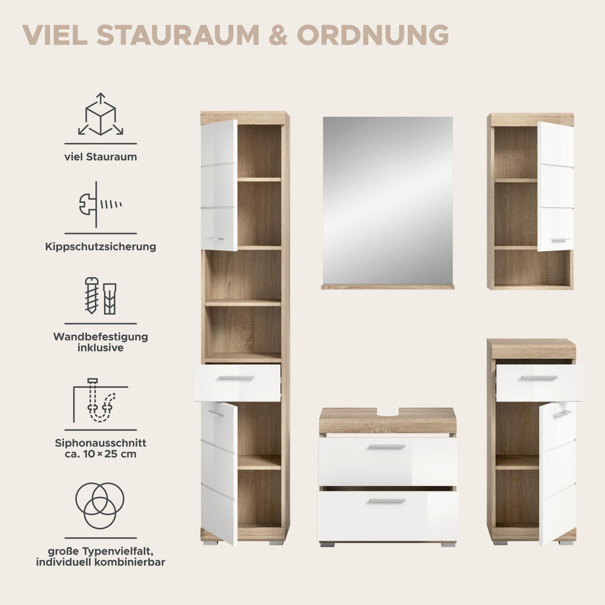 BADKOMBINATION 5tlg. Lambada Bad in Sonoma Eiche hell und weiß hochglanz B/H/T: 164x191x34 cm - Sonoma Eiche, Holz (164/191/37cm)