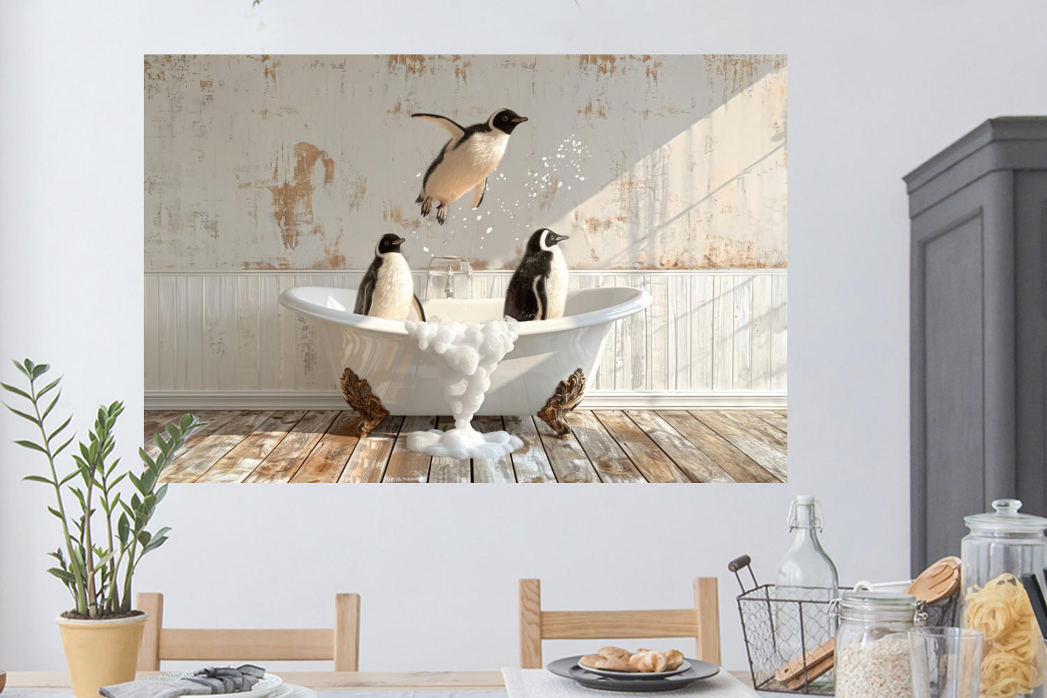 WANDTATTOO Vintage - Pinguin - Badewanne - Schaumstoff 120x80 cm - Schwarz, Kunststoff (120/80/0.1cm) - MuchoWow