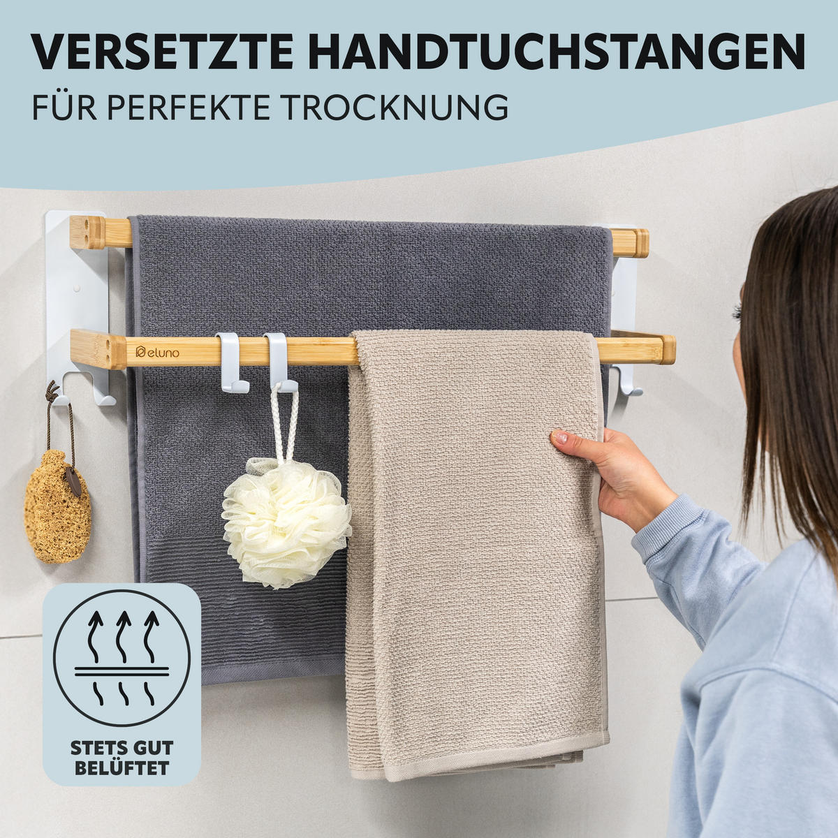 HANDTUCHHALTER, Metall weiß mit Bambus - Weiß, Holz (64.5/18/12cm) - eluno