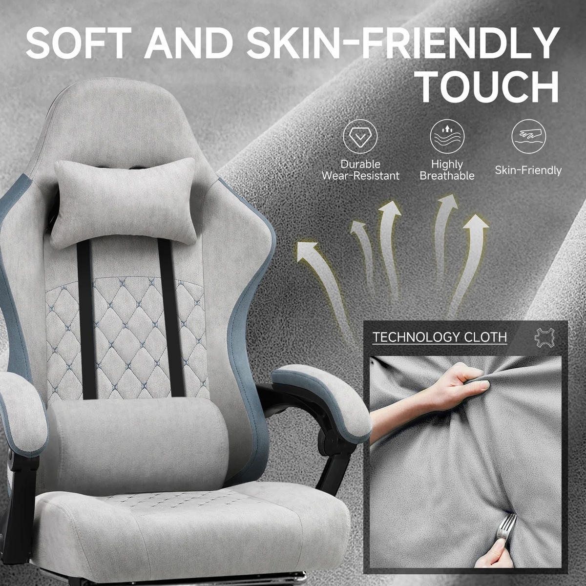 GAMINGSTUHL Stoff mit Federsitz Ergonomisch Grün - Grau, Metall (54/135/50cm) - Kaket
