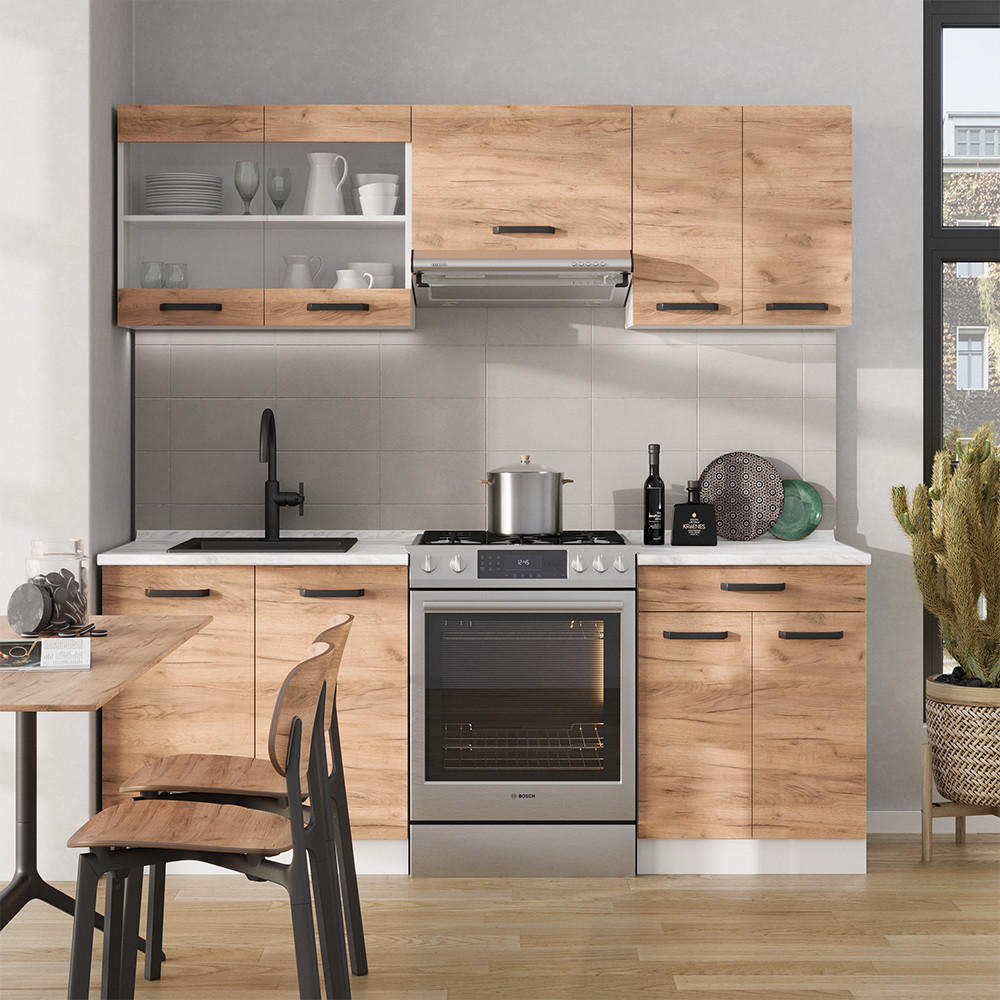 KÜCHENZEILE R-Line Goldkraft Eiche/Weiß 200 cm AP Eiche - Eiche Wotan/Weiß, Holzwerkstoff (200/81.6/60cm) - Vicco
