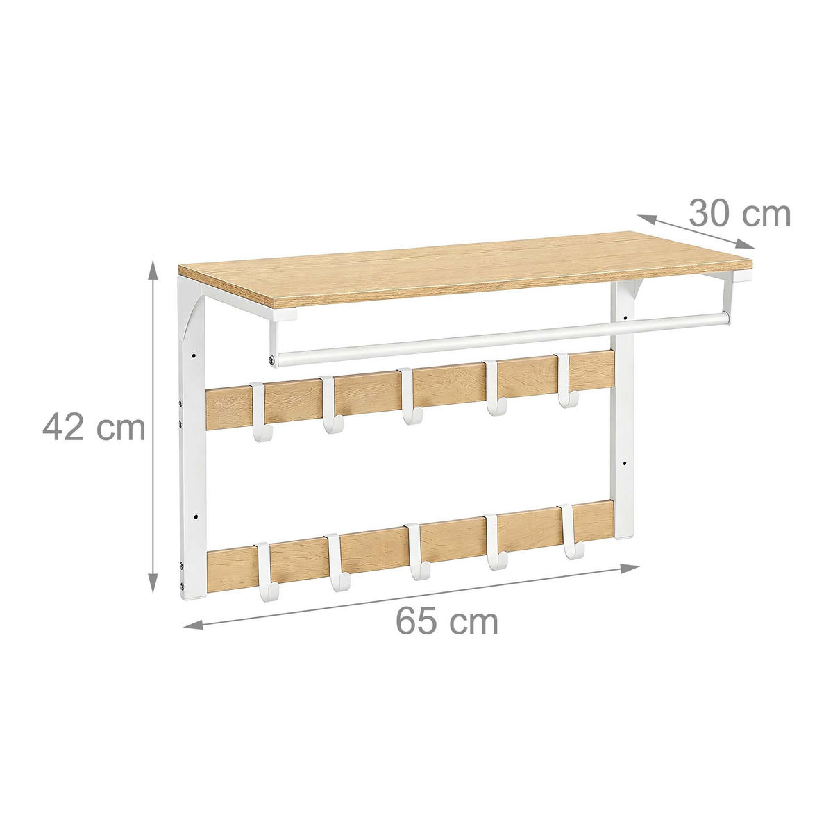 WANDGARDEROBE Eiche Weiß 3-in-1 10 Haken 65 cm - Multicolor, Holzwerkstoff/Metall (65/42/30cm) - Relaxdays