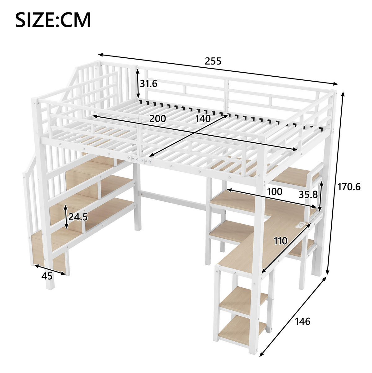 HOCHBETT 140/200 cm mit Treppe, Schreibtisch, Stauraum, USB-Ladestation und LED-Beleuchtung, Weiß - Weiß, Metall (140/200cm) - Redom