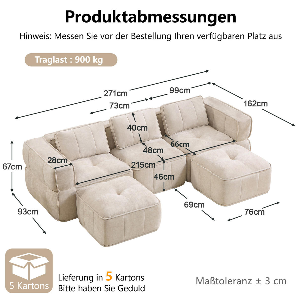 WOHNLANDSCHAFT 271/162/67 cm in Beige aus Polyester, rahmenlos und mit Hocker - Beige, Kunststoff (162/67/271cm) - Flora Grace