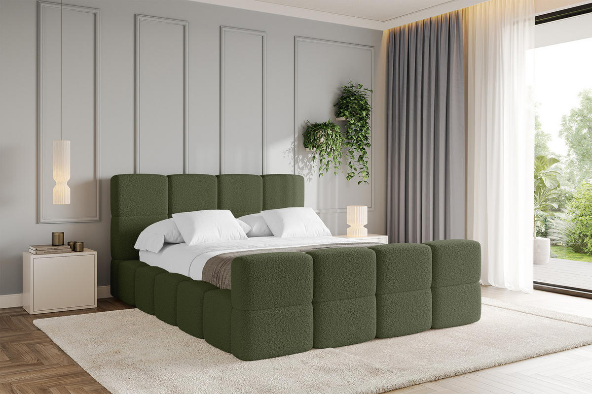 POLSTERBETT mit Bettkasten und Lattenrost mit Matratze H3/H4, Kopfteil, Boxbett, mit Stauraum - NATA-Z 140x200 Grün - Grün, Holzwerkstoff/Textil (140/200cm) - ALTDECOR