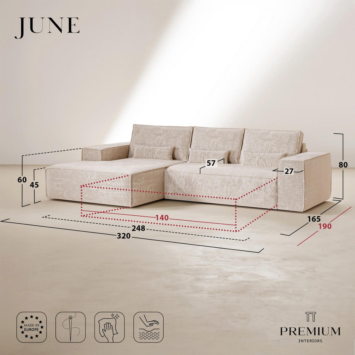 SCHLAFSOFA Express JUNE Geprägter Samt Creme 320cm - Creme, Textil (320/165cm) - Premium Interiors