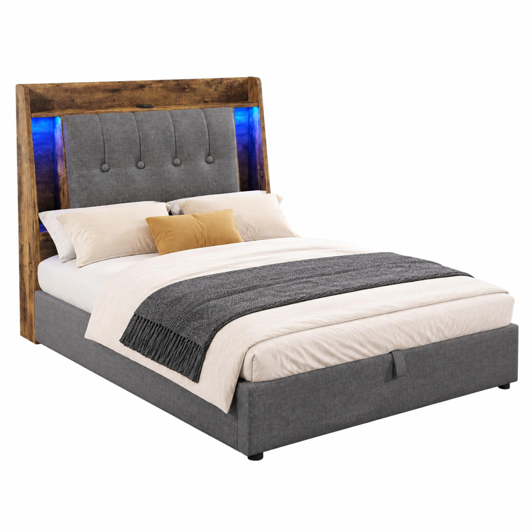 POLSTERBETT mit Stauraum, USB und LED 90x200 cm Leinen Grau - Grau, Metall (90/200cm) - Meubliv