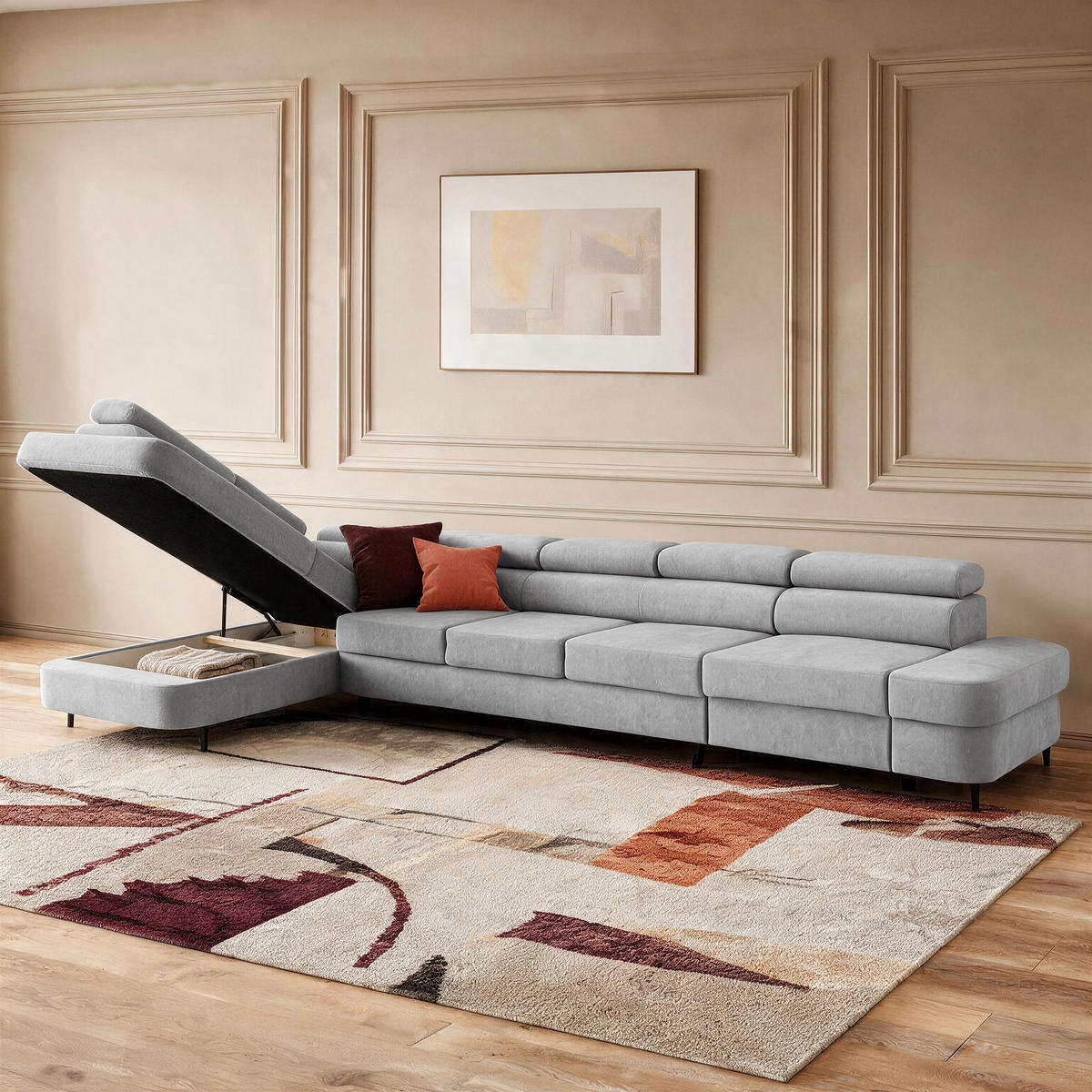 ECKSOFA PRIAM XXL L-Form Links mit Schlaffunktion 125x265 Velours Hellgrau - Hellgrau/Schwarz, Holz/Textil (203/420cm) - Muffo