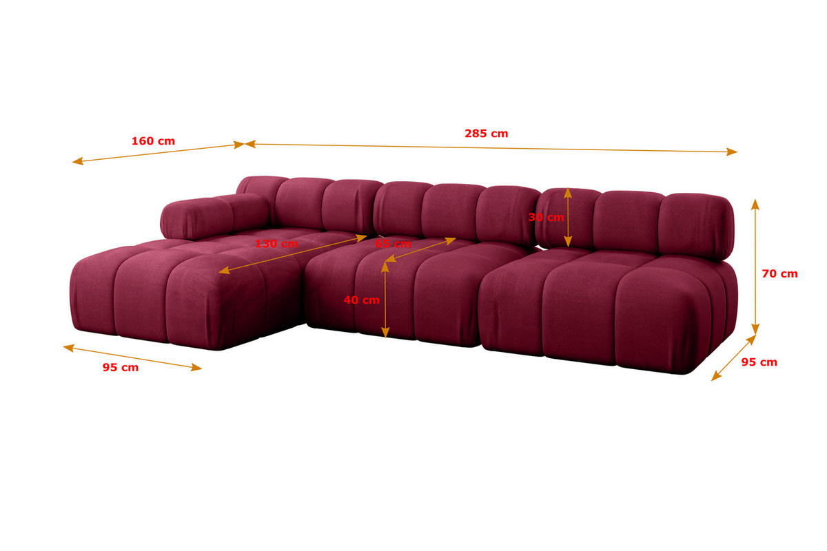 ECKSOFA modulares Sofa Razon-L2 - 285x160x70 cm Bordeauxrot Velours - Bordeaux, Holzwerkstoff/Textil (285/160cm) - ALTDECOR