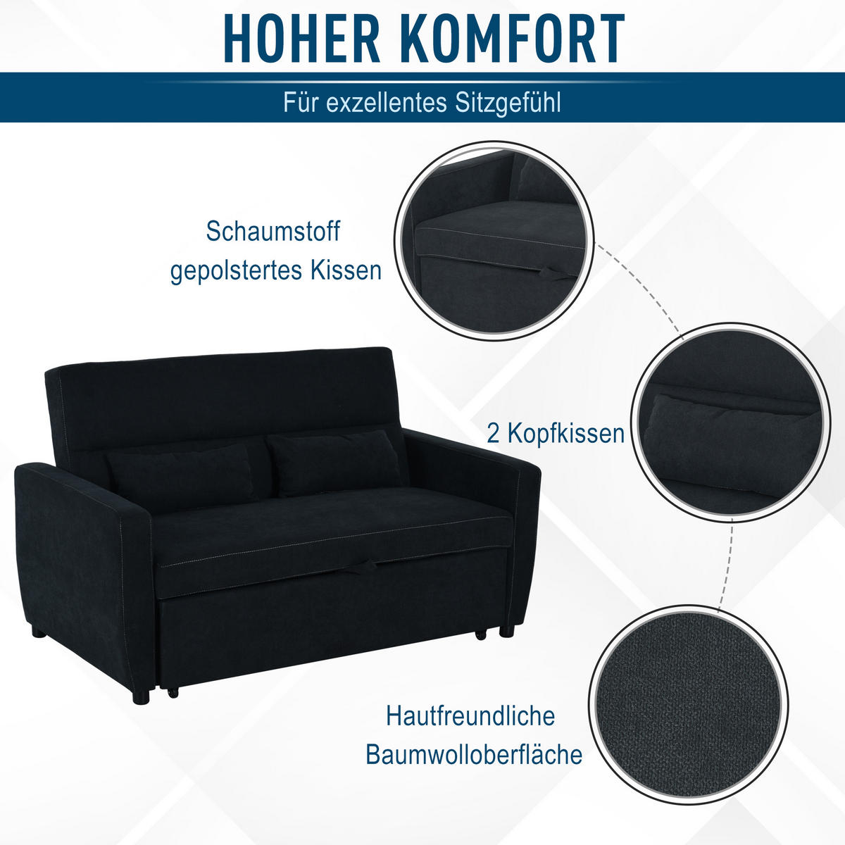SCHLAFSOFA, Eukalyptusholz, Schwarz - Schwarz, Holz (90/88.5/155cm) - HOMCOM