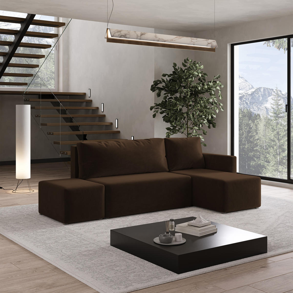 ECKSOFA VELOTTI R-S Braun Plüsch-Stoff mit Schlaffunktion - Braun, Holz (261/143cm) - MASSENO