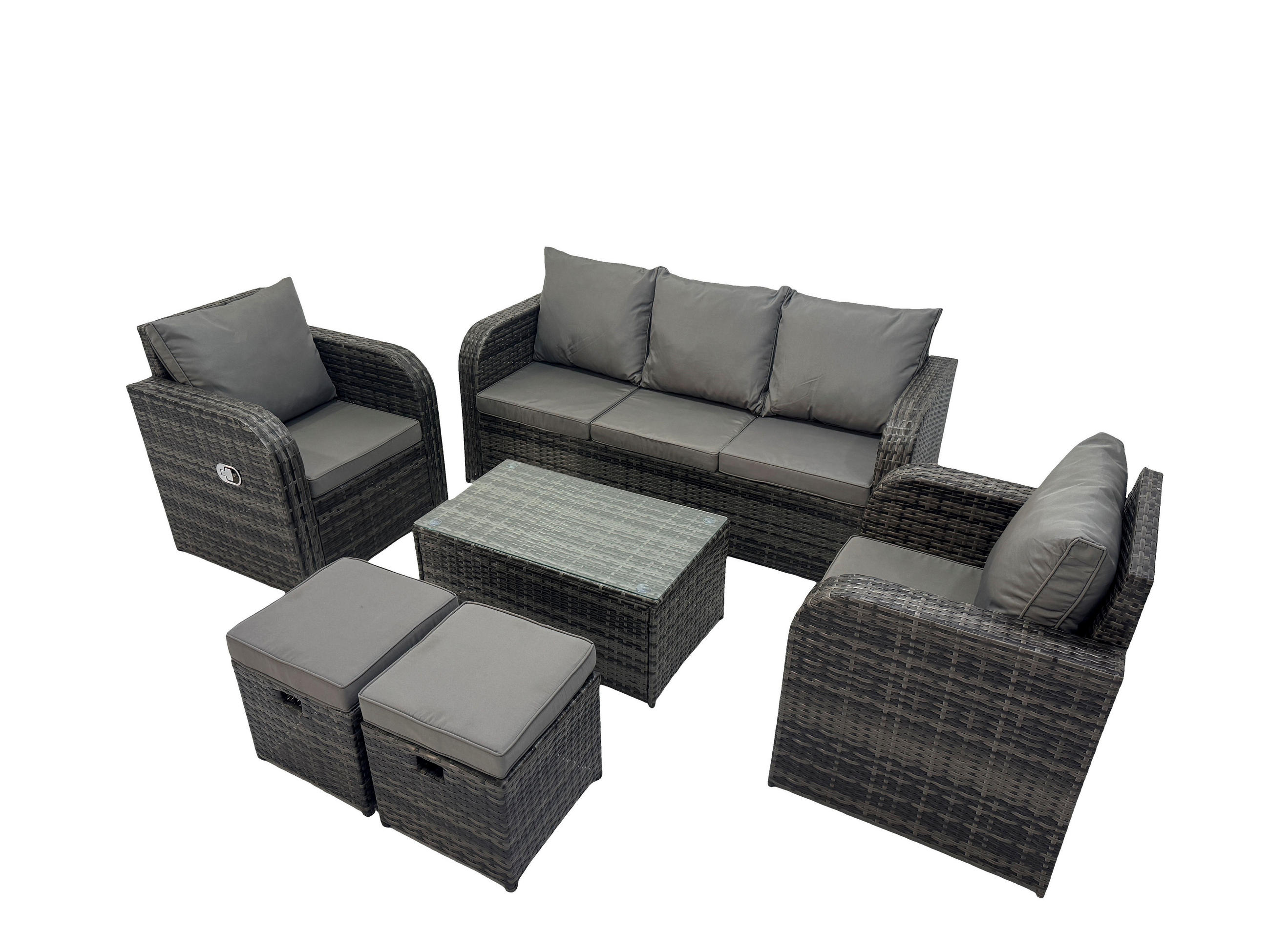 GARTENMÖBELSET mit Couchtisch Polyrattan 7-Sitzer - Dunkelgrau/Grau, Glas/Kunststoff - Fimous