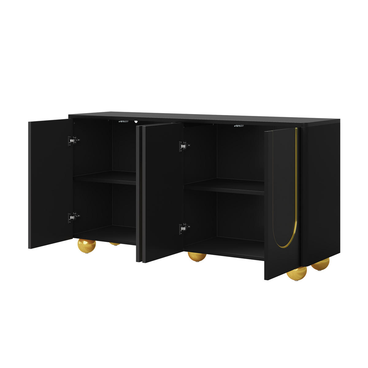SIDEBOARD 4 Türen Goldlinien Design Kugelfüße Modern Schrank - Schwarz, Holzwerkstoff (140/74/40cm) - FLIEKS