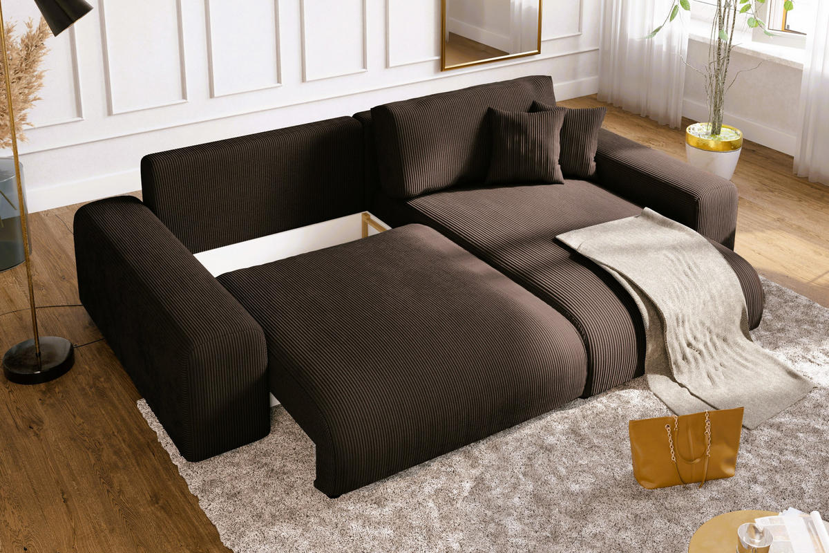 ECKSOFA mit Schlaffunktion und Bettkasten 255/165/84 cm, Wellenfedern, Ottomane beidseitig montierbar, Cord in Dunkel-Braun / 21003 - Dunkelbraun/Schwarz, Kunststoff/Textil (255/165cm) - luma-home