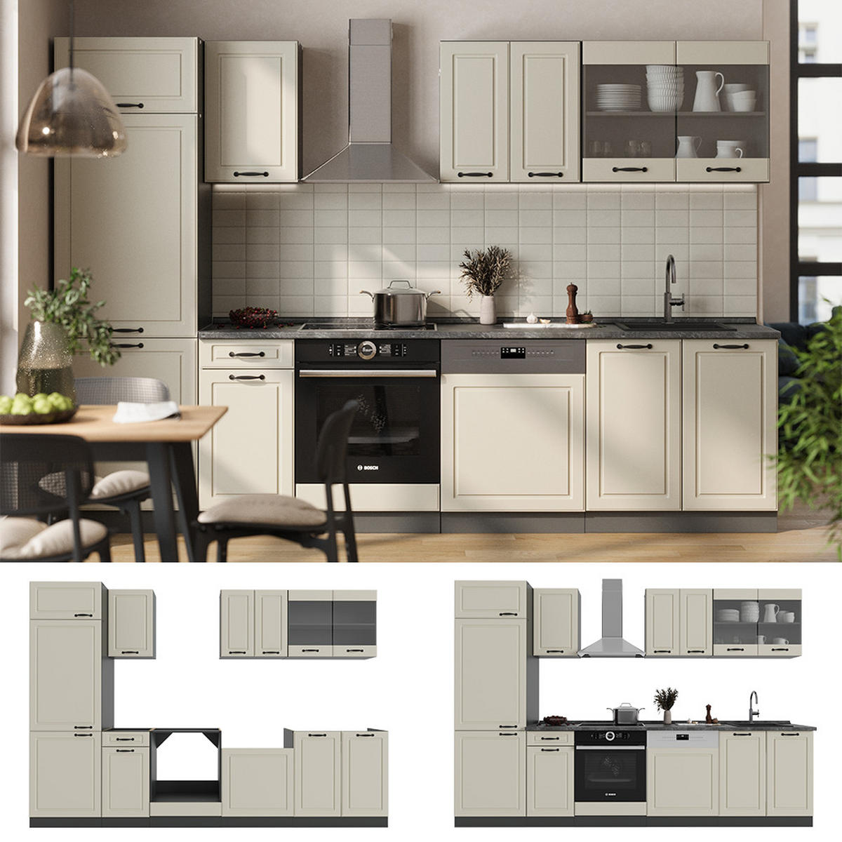 KÜCHENZEILE R-Line, Sand Landhaus/Anthrazit, 300 cm Arbeitsplatte Goldkraft Eiche - Beige/Anthrazit, Holzwerkstoff (300/206.8/60cm) - Vicco