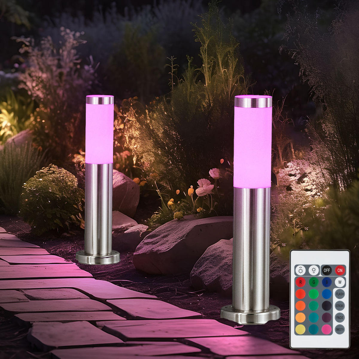 RGB LED STEHLEUCHTEN Edelstahl Silber 4er Set - Silberfarben, Metall (7.6/7.6/45cm) - Globo Lighting