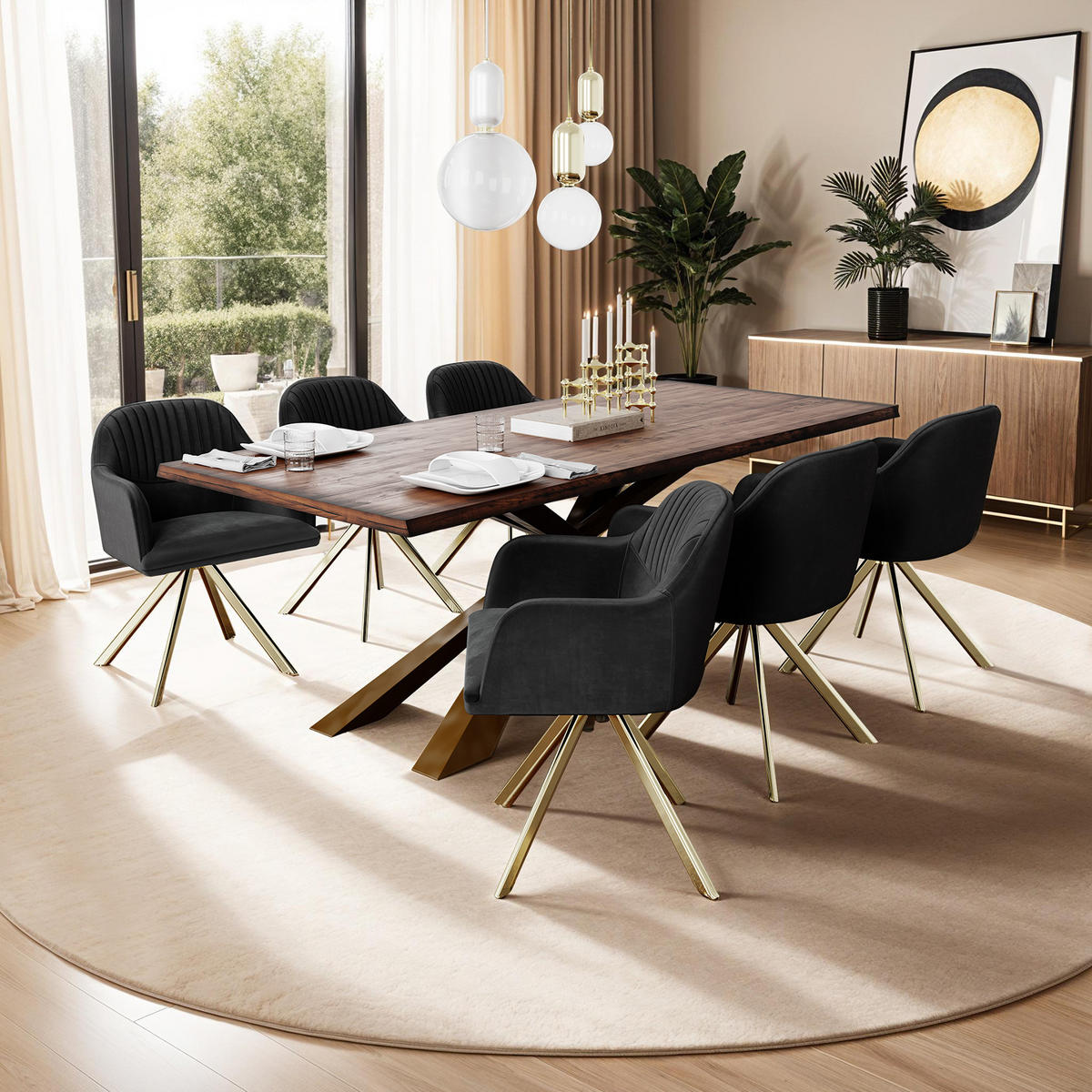 DREHSTUHL 6er Set Lona 56 x 59 x 81 cm schwarz/gold - Goldfarben/Schwarz, Textil (56/81/59cm) - tectake
