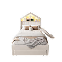 KINDERBETT-POLSTERBETT aus Samt 90x200 cm Beige mit LED-Beleuchtung, Ladeanschluss, Rutsche und Bettkasten - Beige, Textil (90/200cm) - Modfu