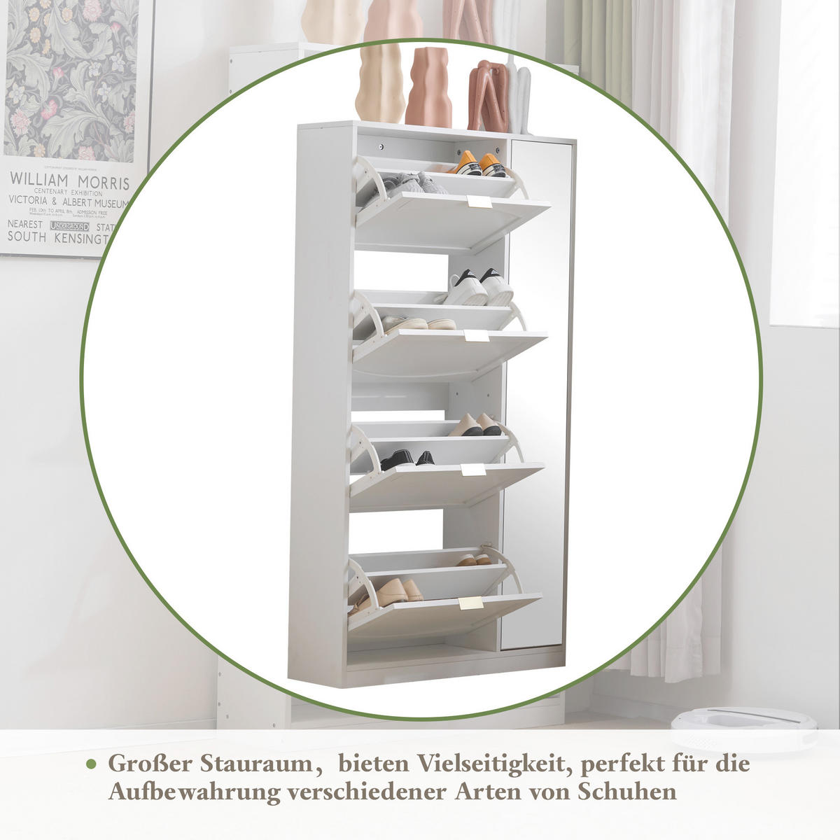 SCHUHSCHRANK Modern mit Spiegel 4 Fächer Weiß 80x24x147cm - Weiß, Holzwerkstoff (24/147/80cm) - FLIEKS