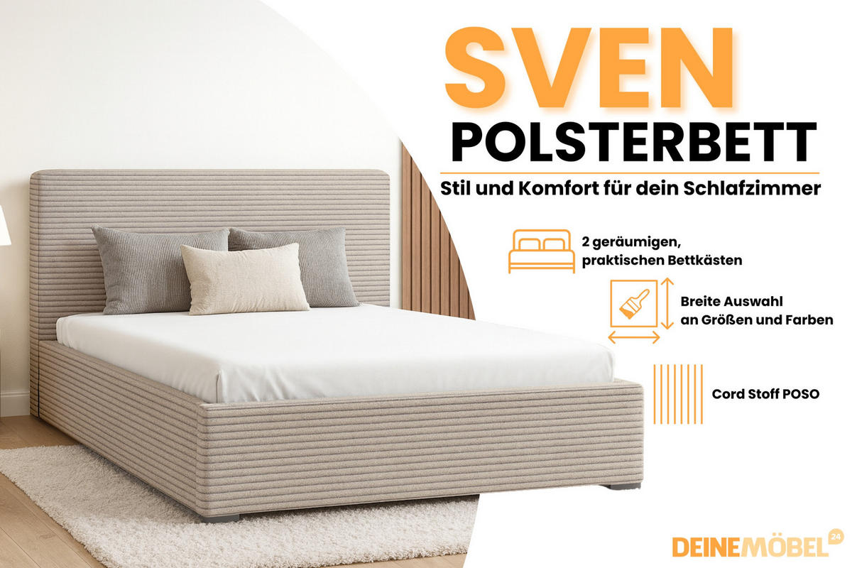 POLSTERBETT SVEN 160/200 in Cord Beige - Beige, Holz/Holzwerkstoff (160/200cm) - Deine Möbel 24