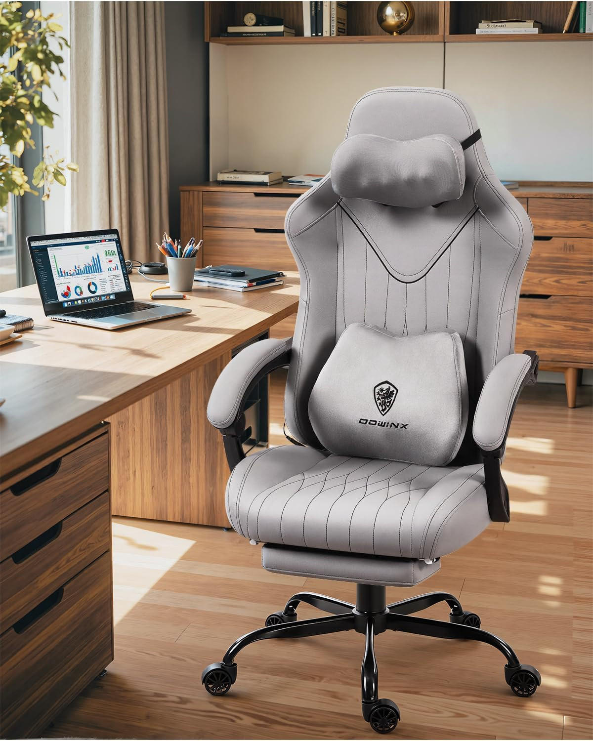GAMING Stuhl mit Massagefunktion & Lendenwirbelstütze & Nackenstütze - Grau, Leder (56/123/70cm)