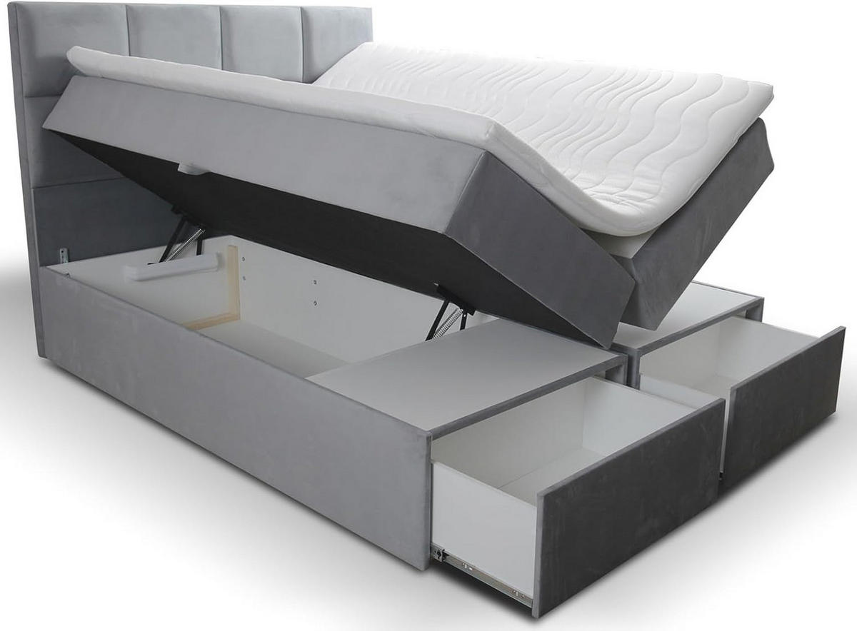 BOXBETT 200x200 cm, GARDA, Bettkasten und Taschenmatratze, Elegant Topper und Schubladen, Grau - Grau, Holzwerkstoff/Kunststoff (200/200cm) - Trada