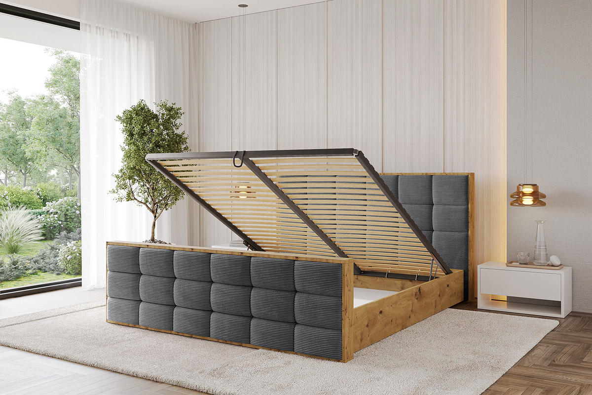 POLSTERBETT mit Bettkasten, Fußteil und Lattenrost, Boxbett mit Matratze H3/H4 - ENZO2-Z 180x200 Dunkelgrau - Anthrazit, Holzwerkstoff/Textil (180/200cm) - ALTDECOR