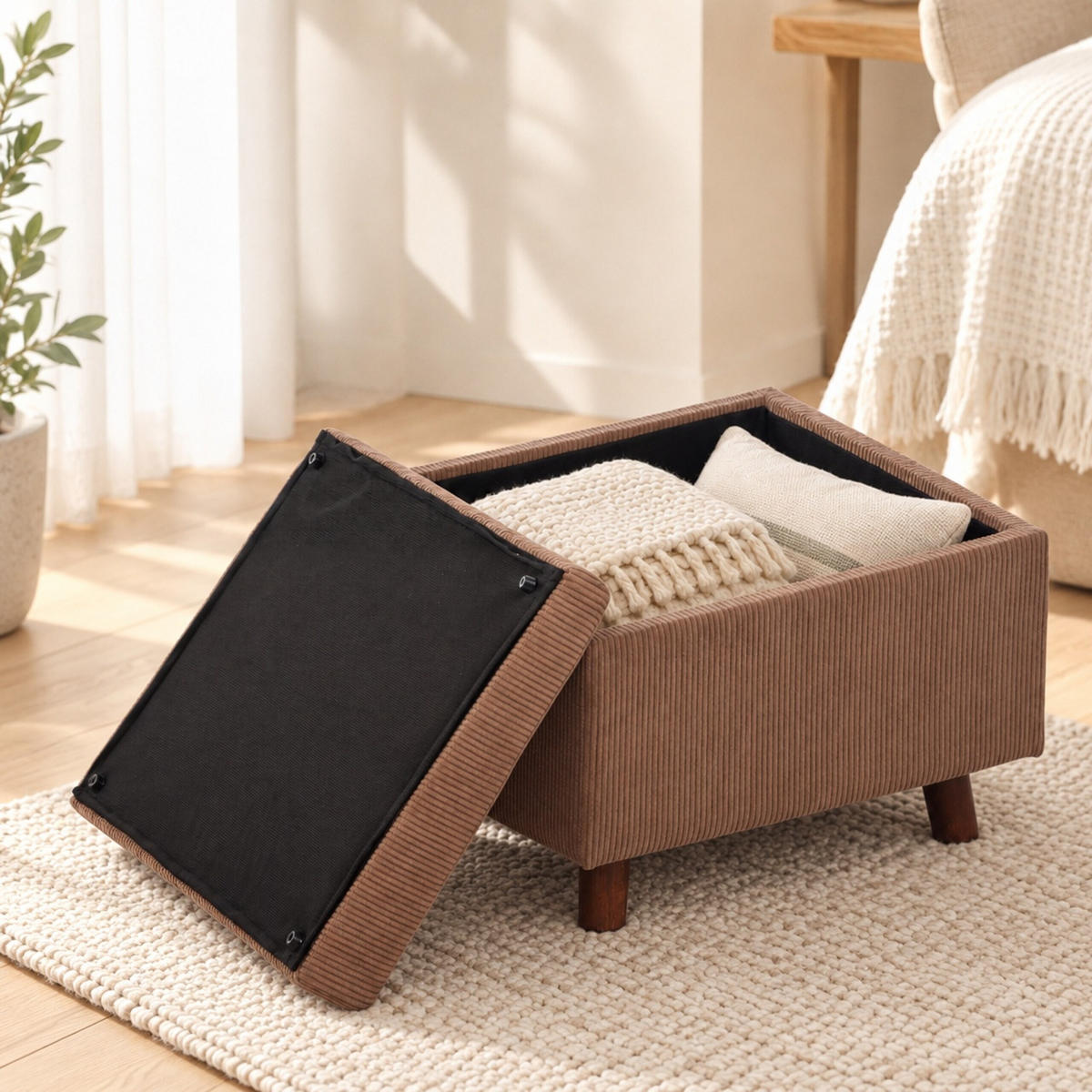 TABURET Maro catifea reiată cu spațiu de depozitare 40 cm - maro, material textil/compozit lemnos (46/40/40cm) - Relaxdays