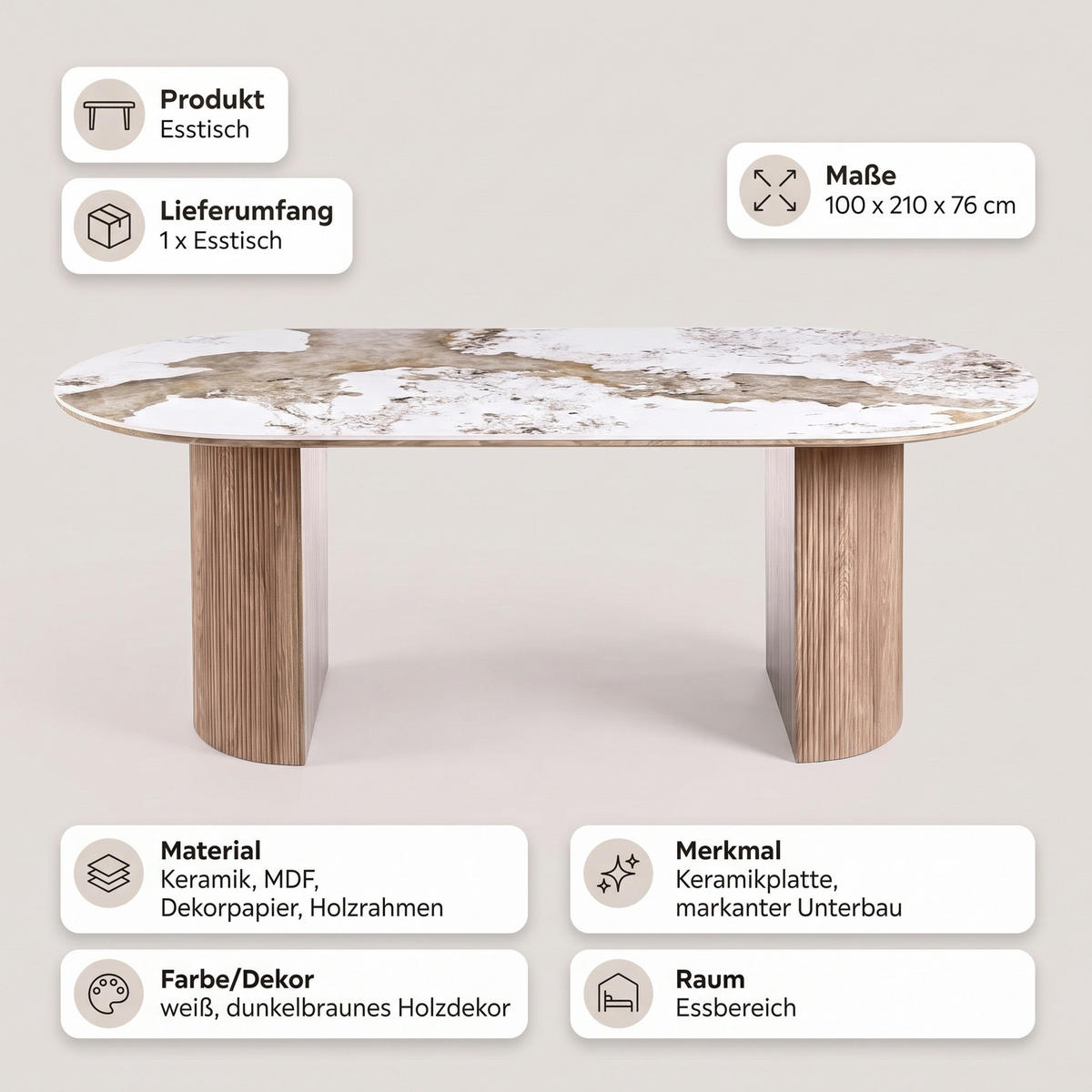 ESSTISCH Minamata 100 x 210 x 76 cm, Keramik-Tischplatte Weiß / Dunkelbraun - Weiß, Holzwerkstoff (210/100/76cm) - ebuy24