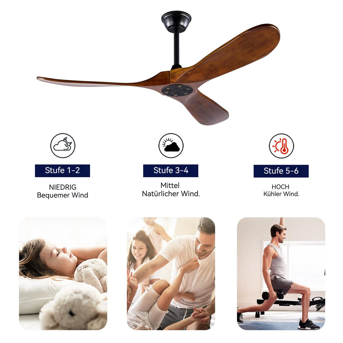 DECKENVENTILATOR & 3 Holzflügeln, Speicherfunktion, Fernbedienung - Braun, Holzwerkstoff (132/132/51cm) - Gisaae