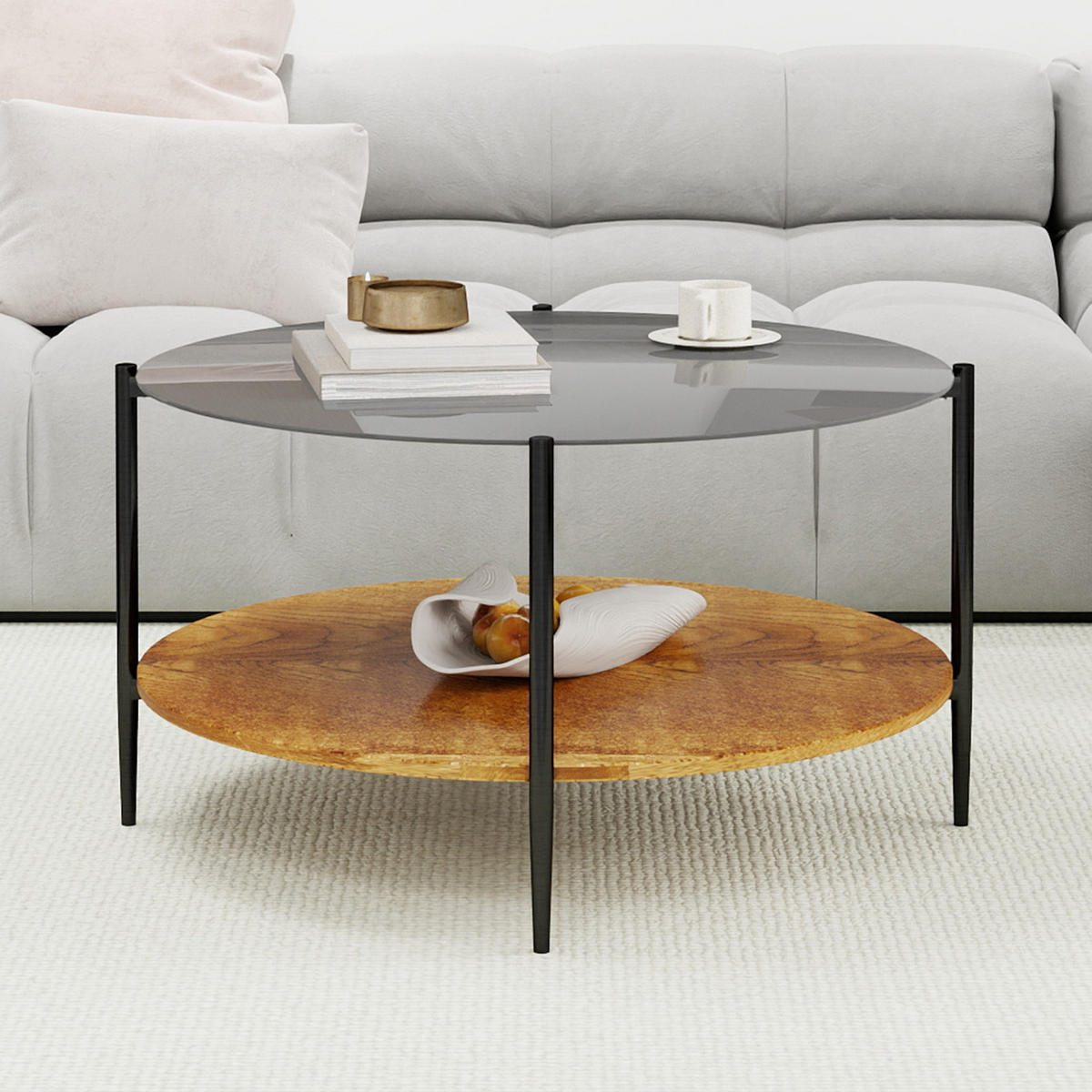COUCHTISCH Ø 82/45 cm in Schwarz mit Glasplatte und Ablage - Schwarz, Glas (82/82/45cm) - BEAOK