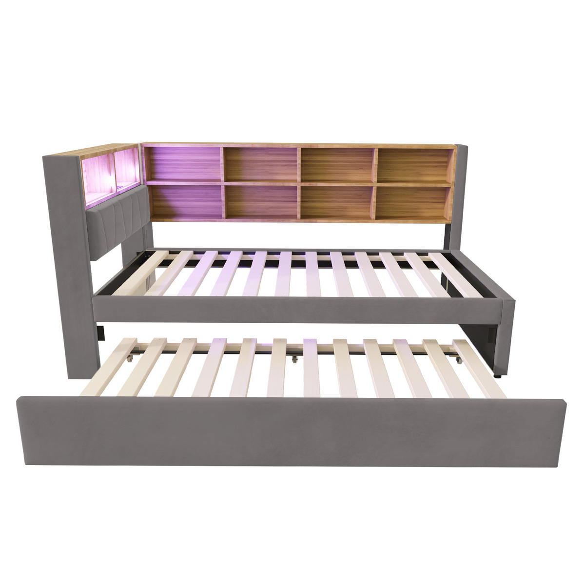 BETT mit Ausziehbett 90/190 cm Dunkelgrau Flanell mit LED-Leuchten & Ladeanschlüssen - Dunkelgrau, Textil (90/190cm) - OKWISH