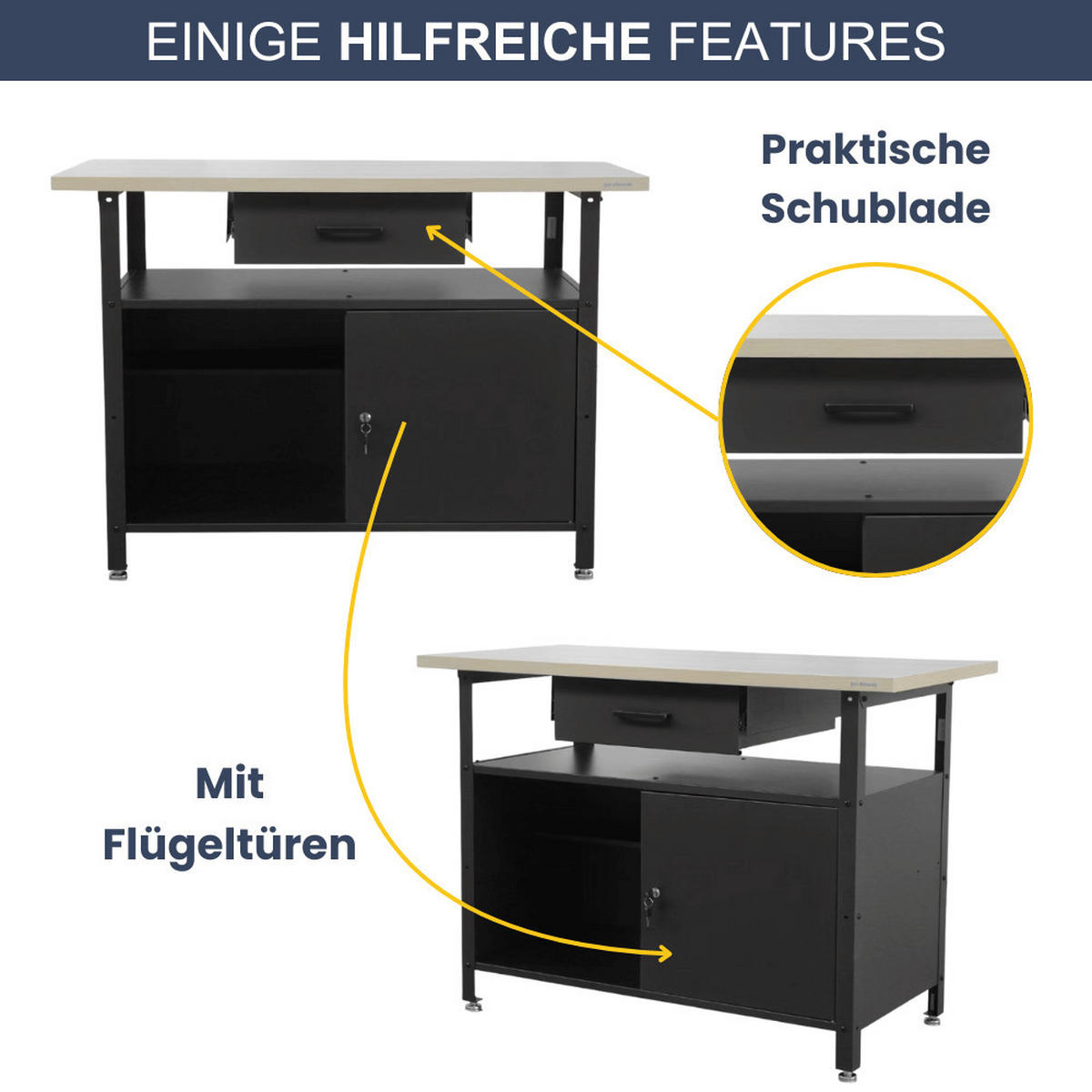 WERKBANK Werkstatt ERWA 85x120x60cm Schwarz - Schwarz, Metall (120/85/60cm) - DELUKE