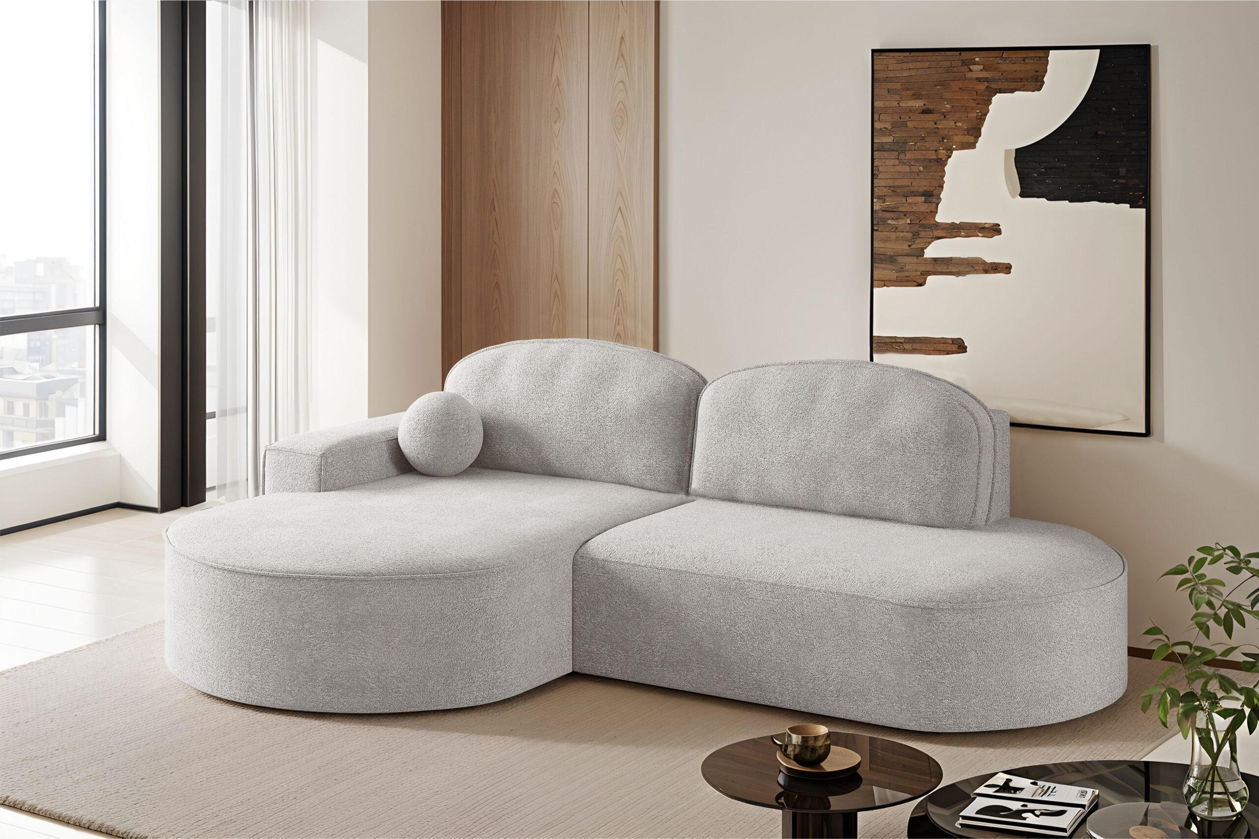 ECKSOFA mit Schlaffunktion und Bettkasten Modena Runden stoff Arena Hellgrau Links - Hellgrau, Holz (179/278cm) - Kaiser Möbel