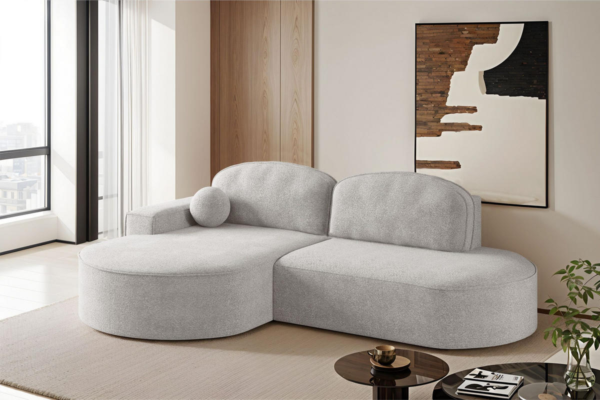 ECKSOFA mit Schlaffunktion und Bettkasten Modena Runden stoff Arena Hellgrau Links - Hellgrau, Holz (179/278cm) - Kaiser Möbel