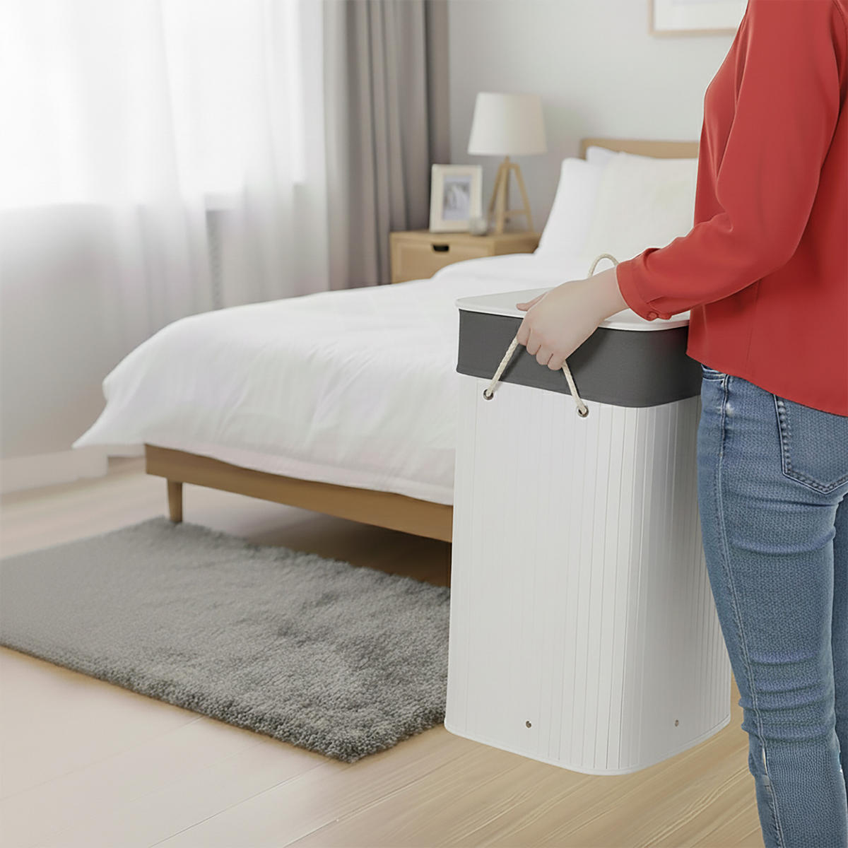 WÄSCHEKORB Bambus - Weiß, Holz/Textil (52/63/32cm) - Relaxdays