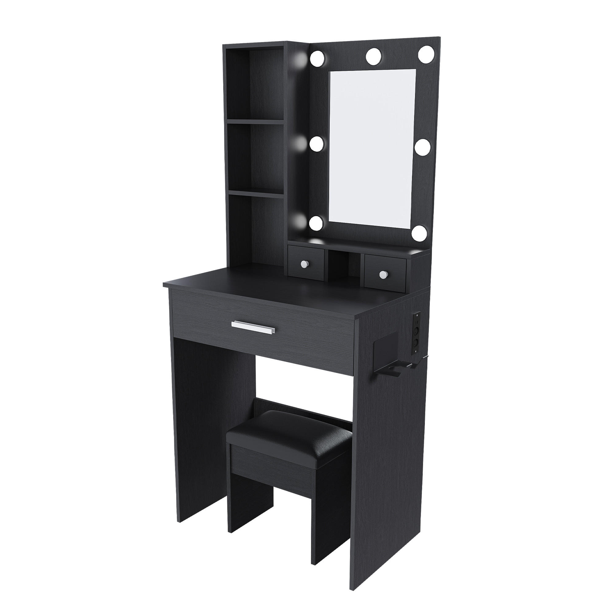 TOALETNI STOLIĆ u crnoj boji, stol za šminkanje sa stolicom, ogledalom, LED rasvjetom i utičnicom, za male spavaće sobe, Š60/V131,5/D38 cm - crna, drvni materijal (60/131.5/38cm) - STILVORA