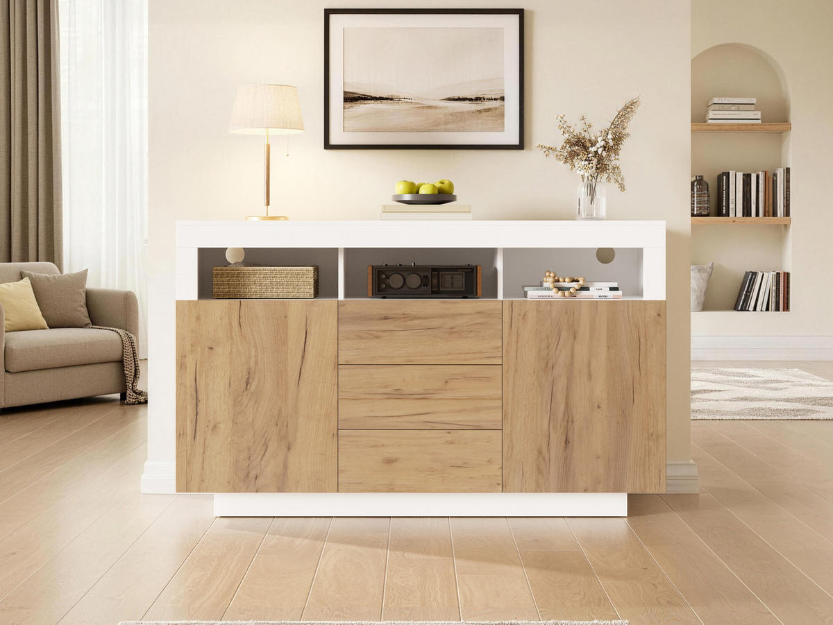 SIDEBOARD 140x40x85 cm mit 2 Türen und 3 Schubladen, Natur/Weiß - Weiß, Holzwerkstoff (140/85/40cm)