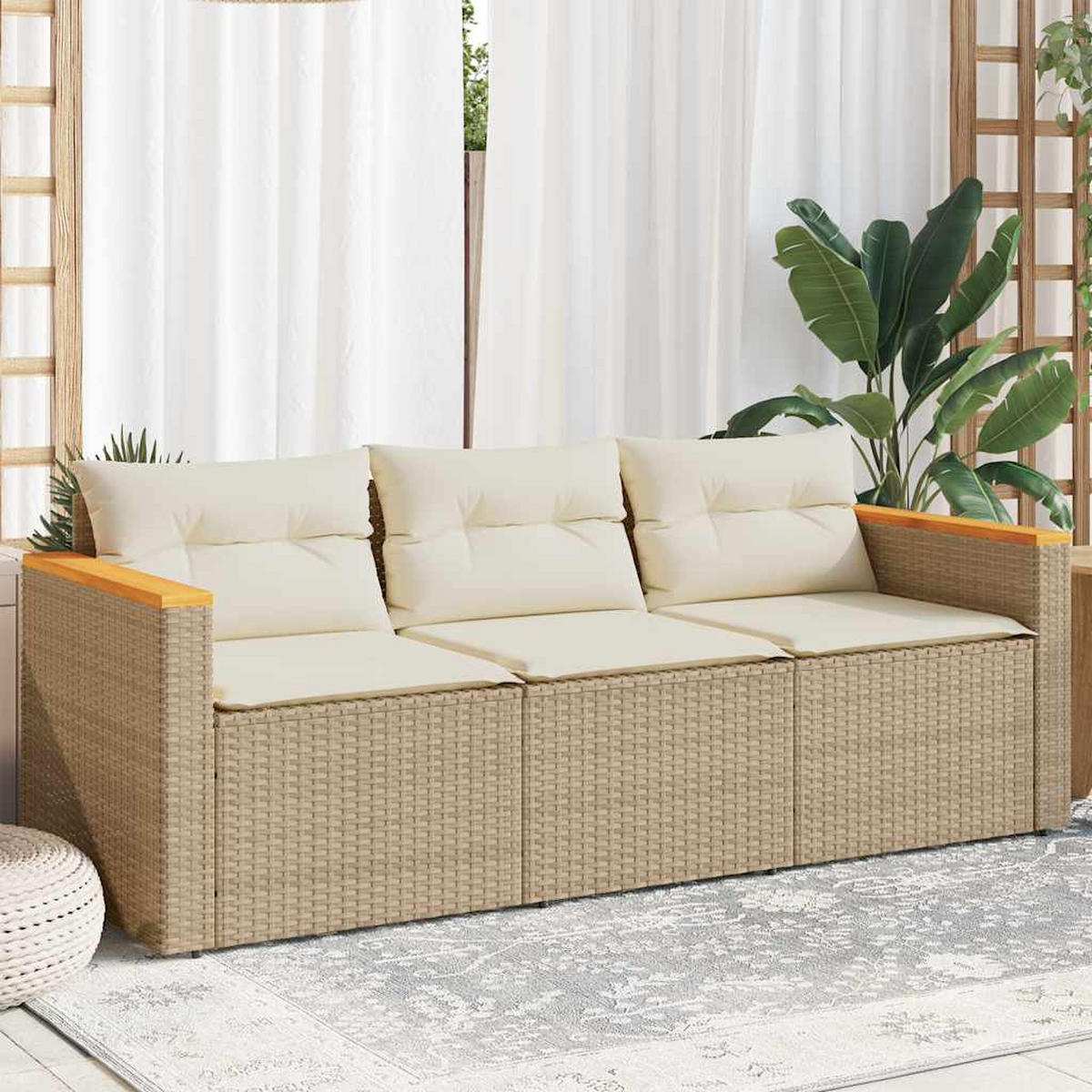 GARTENSOFA Mit Kissen 3-Sitzer Beige Poly Rattan - Beige, Kunststoff (177/66/65cm) - vidaXL