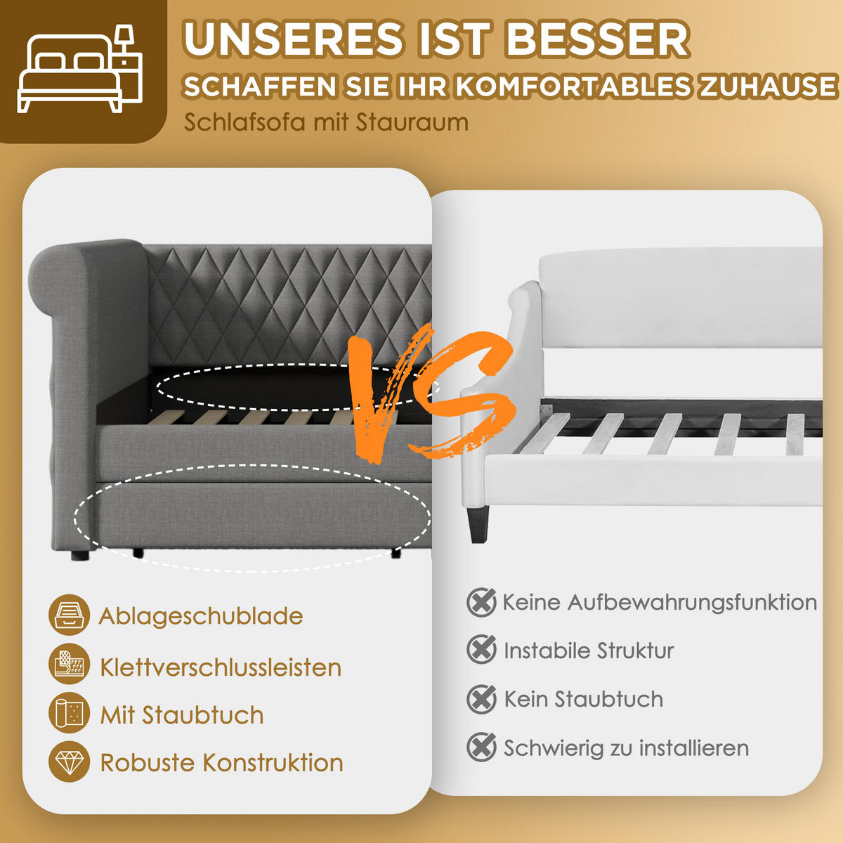 POLSTERBETT aus Leinen 90x200 cm in Grau mit 2 Schubladen - Grau, Textil (90/200cm) - Modfu