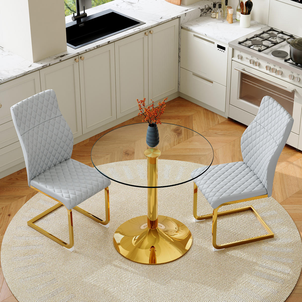 ESSGRUPPE DE-39470 3-teilig, Glastisch und 2 Stühlen mit Rautenmuster Hellgrau - Hellgrau, Metall (85/75/85cm) - ComfortXL