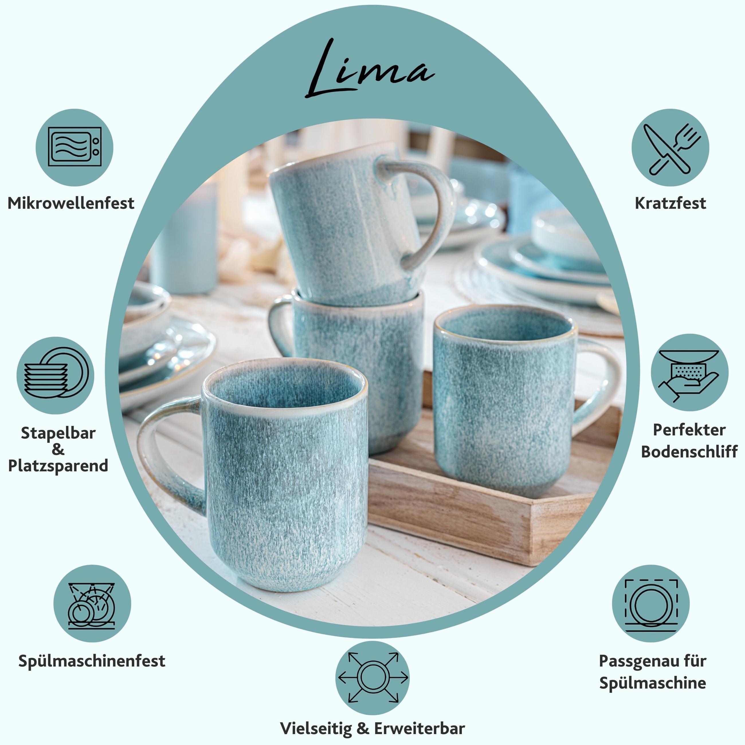 KAFFEEBECHER SET LIMA - 4 teilig aus Steingut - Hellblau, Keramik (24/15/23cm) - Sänger