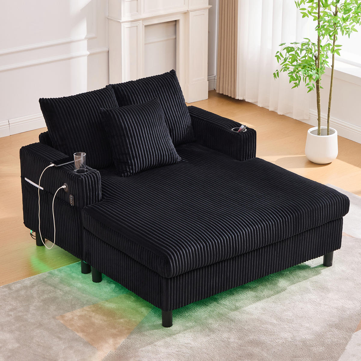 LIEGESTUHL mit LED-Stimmungsbeleuchtung，Cordstoff- Schwarz - Schwarz, Textil (142/85/128cm) - KOMHTOM