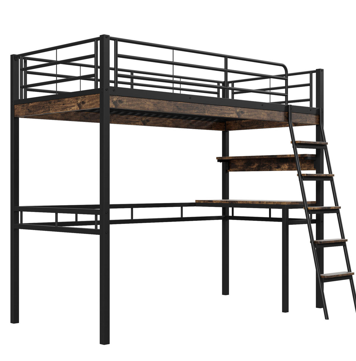 HOCHBETT 90/200 cm mit Schreibtisch, Regalen, Leiter und Geländer aus Metall, Schwarz - Schwarz, Metall (90/200cm) - Redom